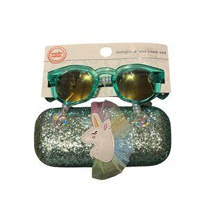 Wonder Nation Girls Unicorn Mint Sunglasses w/ Glitter Hard Case Mirror Lens NWT